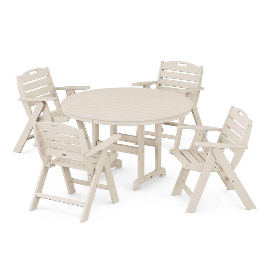 POLYWOOD Nautical Folding Lowback Chair 5-Piece Round Farmhouse Dining Set in Sand