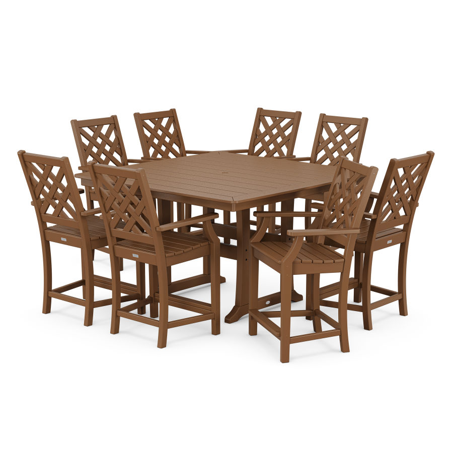 POLYWOOD Wovendale 9-Piece Square Counter Set with Trestle Legs in Teak