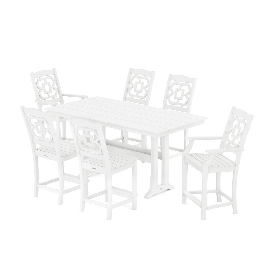 POLYWOOD Chinoiserie 7-Piece Farmhouse Counter Set with Trestle Legs in White