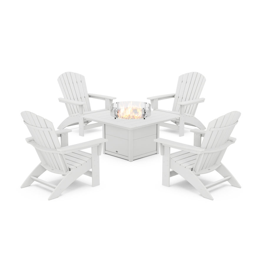 POLYWOOD 5-Piece Nautical Grand Adirondack Conversation Set with Fire Pit Table in White