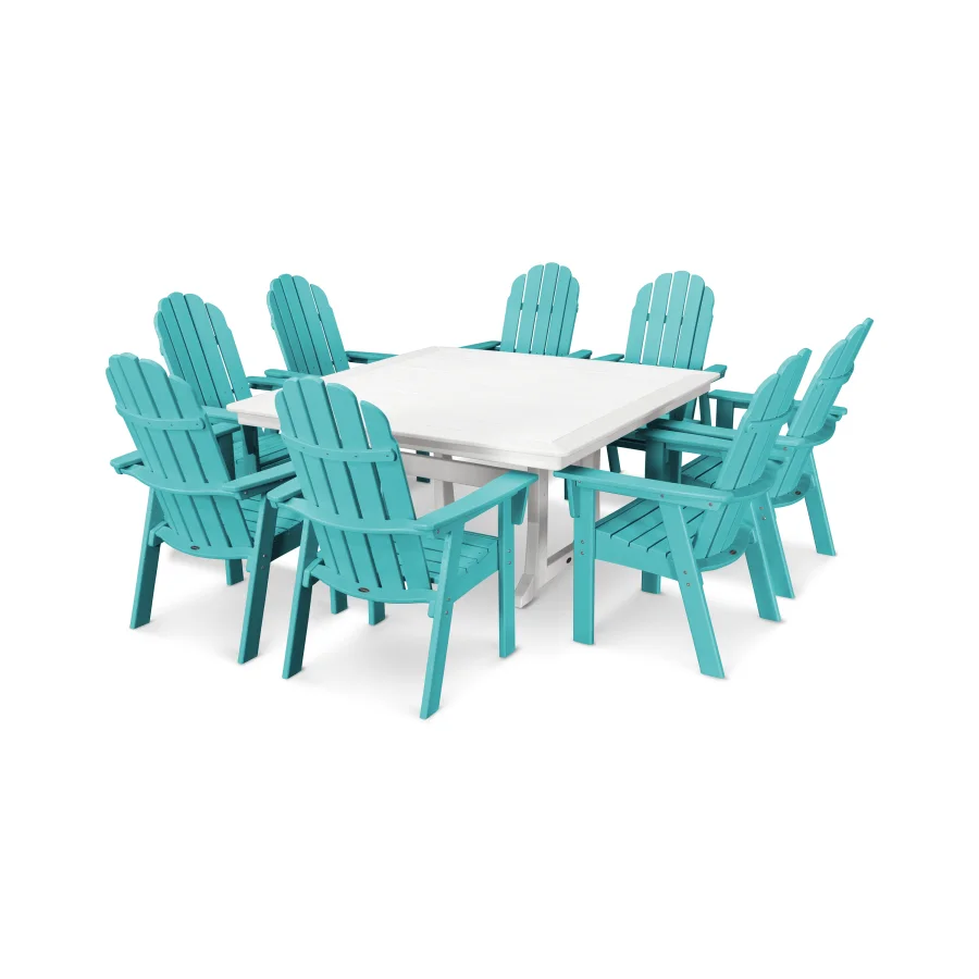 POLYWOOD Vineyard Adirondack 9-Piece Nautical Trestle Dining Set in Aruba / White