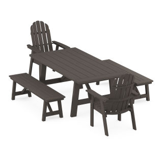 POLYWOOD Vineyard Curveback Adirondack 5-Piece Rustic Farmhouse Dining Set With Benches in Vintage Finish