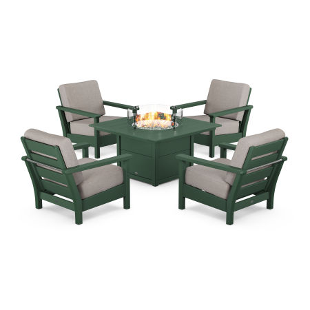 Harbour 5-Piece Conversation Set with Fire Pit Table in Green / Weathered Tweed
