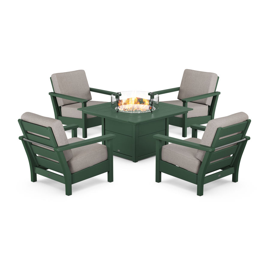 POLYWOOD Harbour 5-Piece Conversation Set with Fire Pit Table in Green / Weathered Tweed
