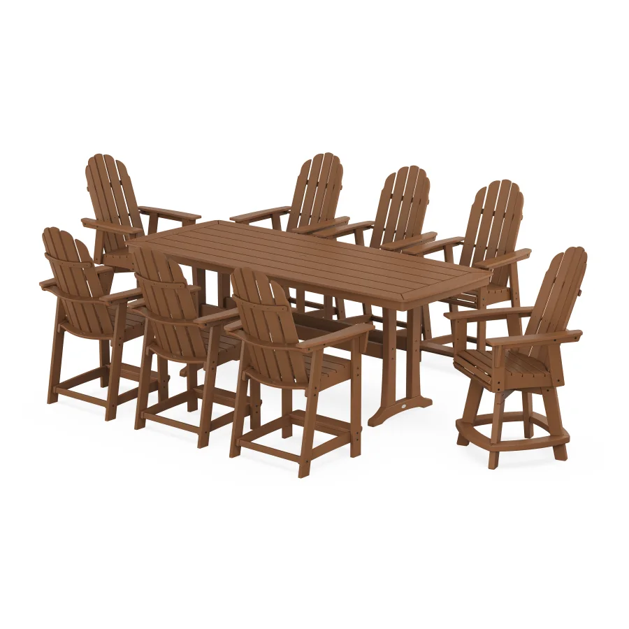 POLYWOOD Vineyard Curveback Adirondack Swivel 9-Piece Counter Set with Trestle Legs in Teak