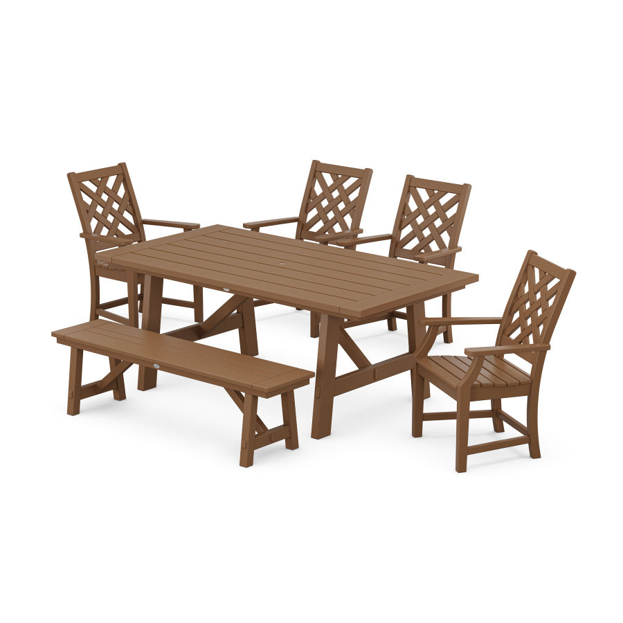 POLYWOOD Wovendale 6-Piece Rustic Farmhouse Dining Set with Bench in Teak