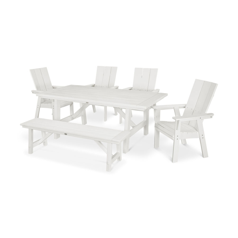 POLYWOOD Modern Adirondack 6-Piece Rustic Farmhouse Dining Set with Bench in Vintage White