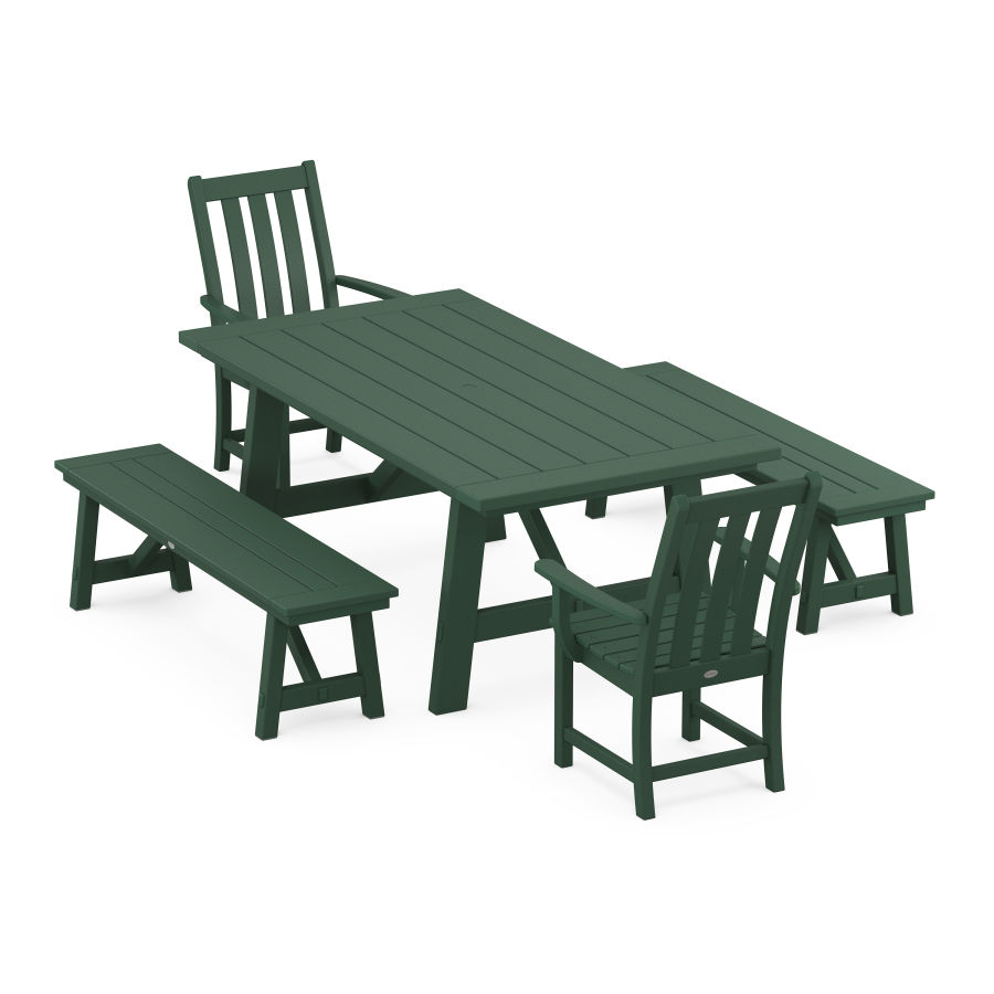 POLYWOOD Vineyard 5-Piece Rustic Farmhouse Dining Set With Trestle Legs in Green