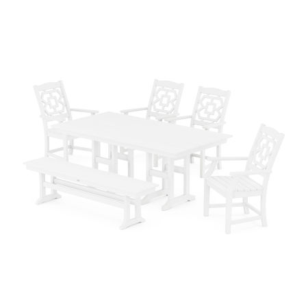 Chinoiserie 6-Piece Farmhouse Dining Set with Bench in White