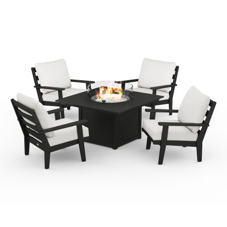 Grant Park 5-Piece Deep Seating Conversation Set with Fire Pit Table in Black / Natural Linen