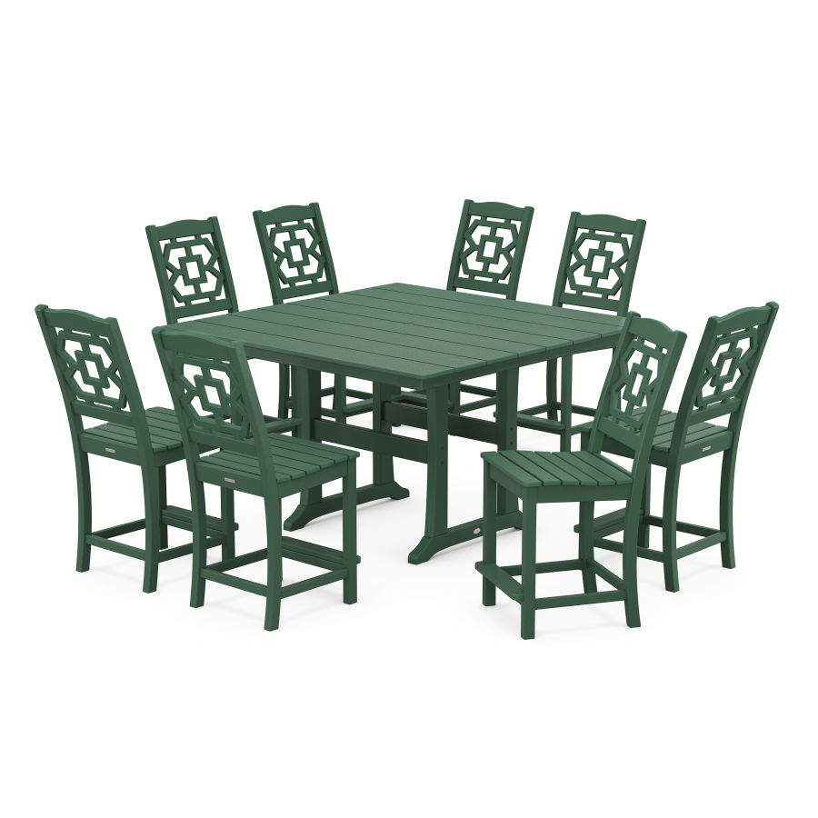 POLYWOOD Chinoiserie 9-Piece Square Farmhouse Side Chair Counter Set with Trestle Legs in Green
