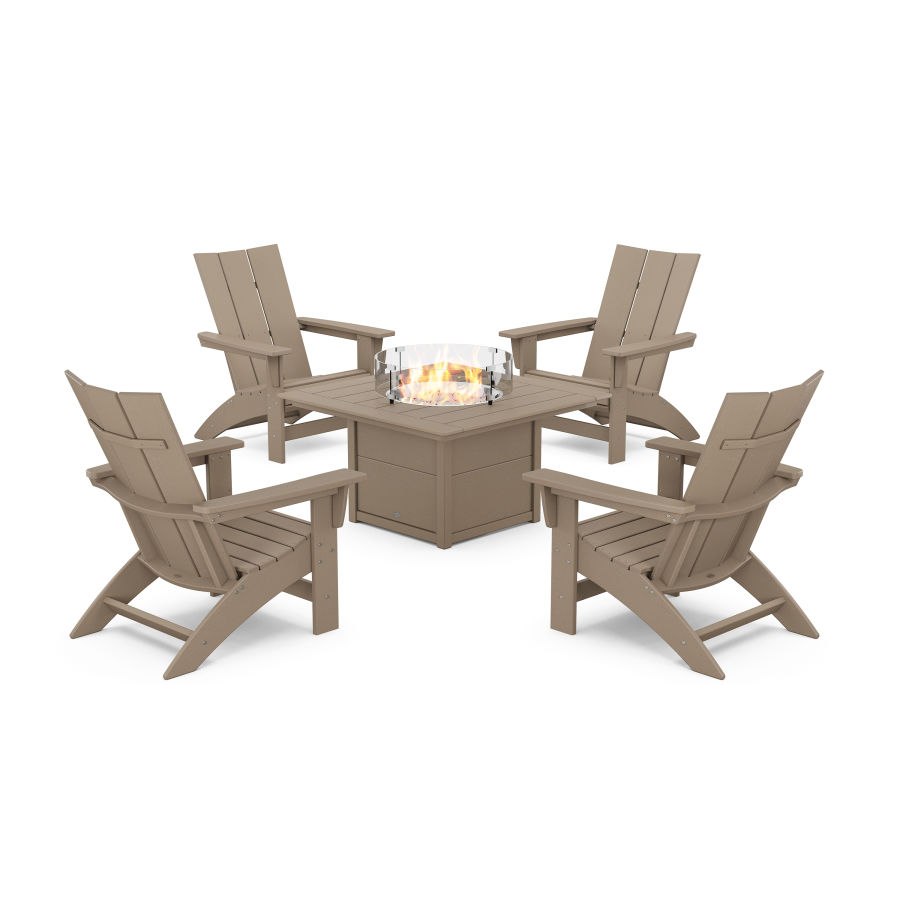 POLYWOOD 5-Piece Modern Grand Adirondack Conversation Set with Fire Pit Table in Vintage Sahara