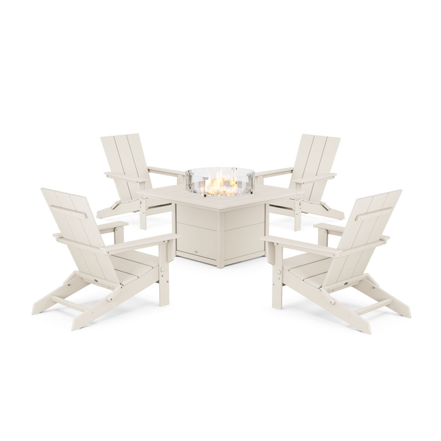 POLYWOOD 5-Piece Modern Studio Folding Adirondack Conversation Set with Fire Pit Table in Sand