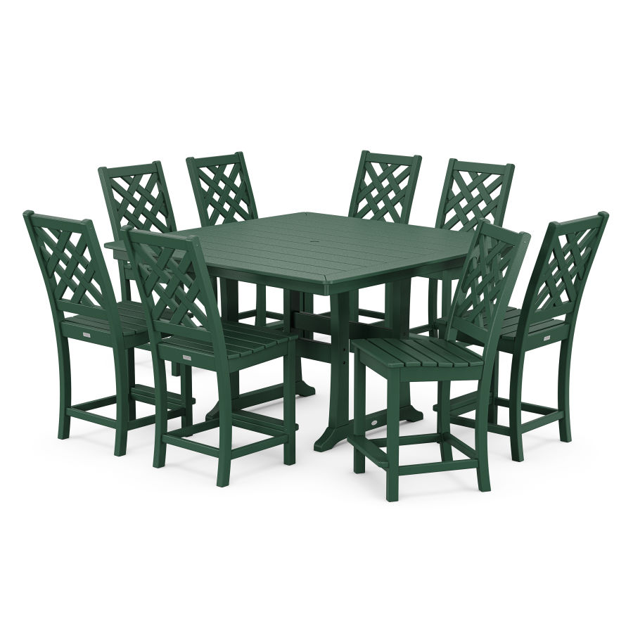 POLYWOOD Wovendale Side Chair 9-Piece Square Counter Set with Trestle Legs in Green