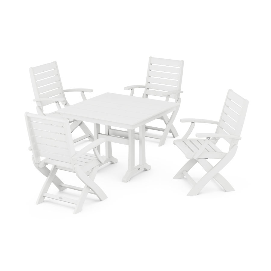 POLYWOOD Signature Folding Chair 5-Piece Farmhouse Dining Set With Trestle Legs in White
