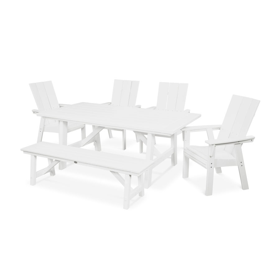 POLYWOOD Modern Adirondack 6-Piece Rustic Farmhouse Dining Set with Bench in White