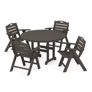 POLYWOOD Nautical Folding Lowback Chair 5-Piece Round Farmhouse Dining Set in Vintage Finish