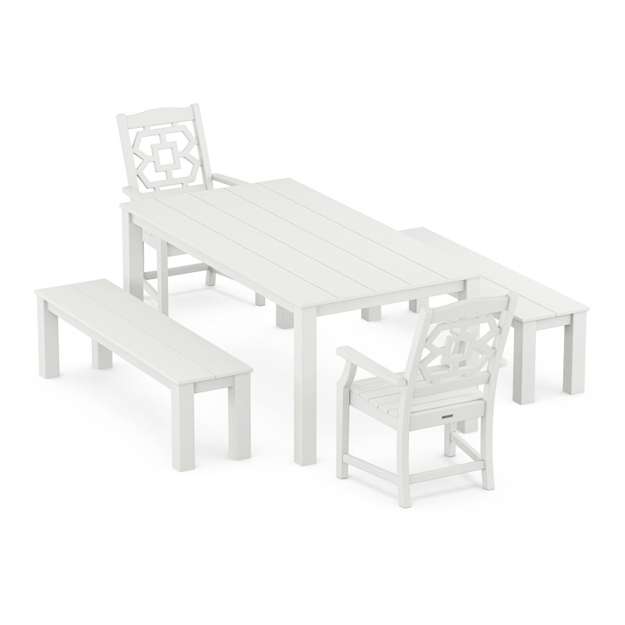 POLYWOOD Chinoiserie 5-Piece Parsons Dining Set with Benches in White