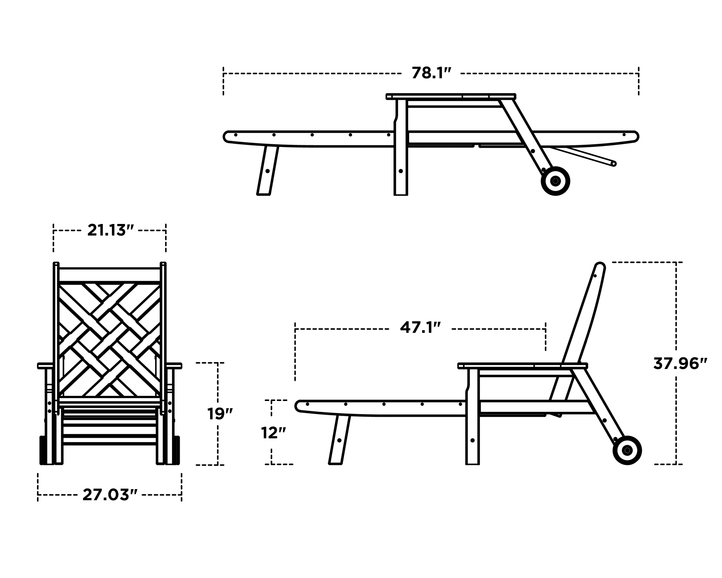 Dimensions for Wovendale Chaise with Arms and Wheels