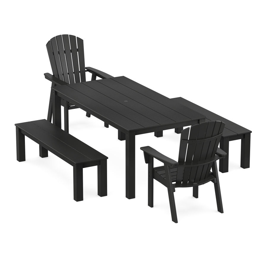 POLYWOOD Nautical Curveback Adirondack 5-Piece Parsons Dining Set with Benches in Black