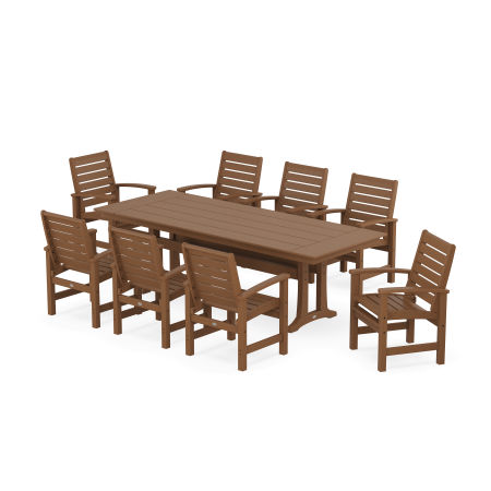 POLYWOOD Signature 9-Piece Farmhouse Dining Set with Trestle Legs in Teak