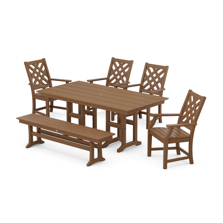 POLYWOOD Wovendale 6-Piece Farmhouse Dining Set with Bench in Teak