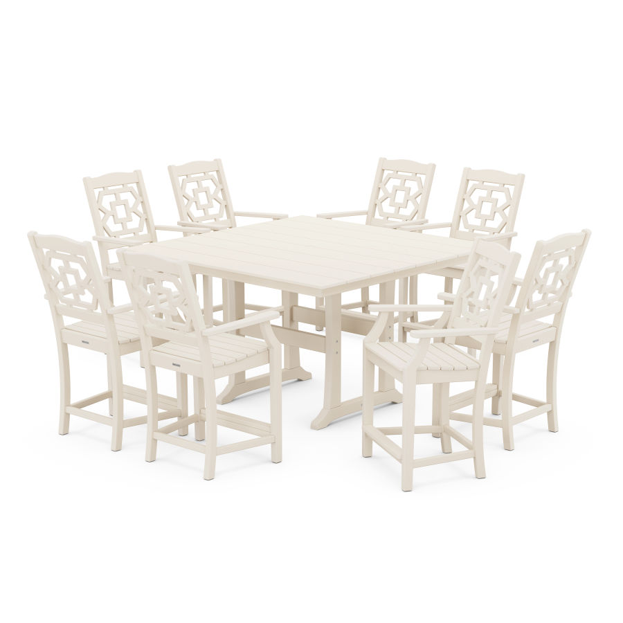 POLYWOOD Chinoiserie 9-Piece Square Farmhouse Counter Set with Trestle Legs in Sand