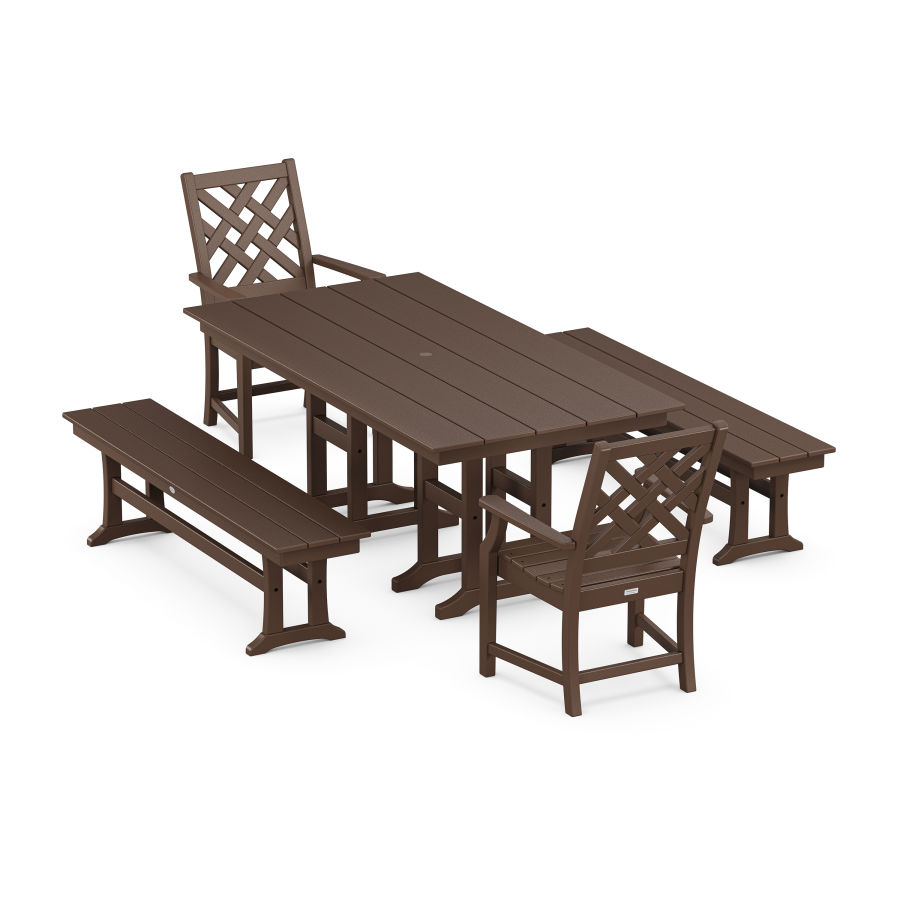 POLYWOOD Wovendale 5-Piece Farmhouse Dining Set with Benches in Mahogany