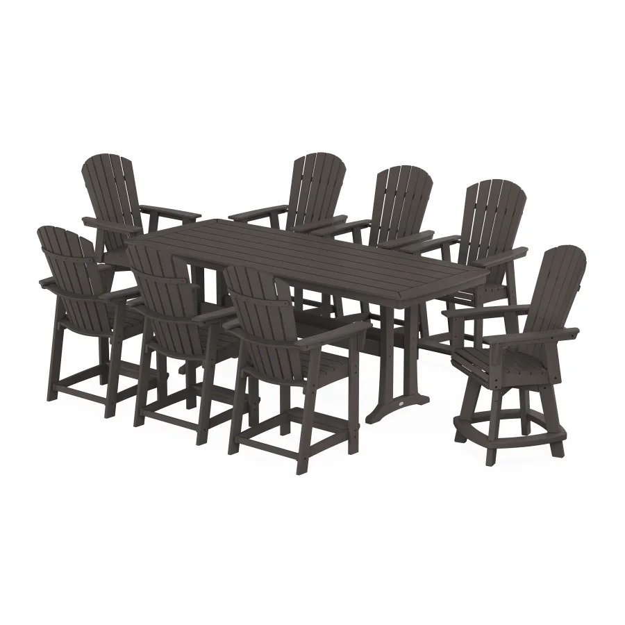 POLYWOOD Nautical Curveback Adirondack Swivel 9-Piece Counter Set with Trestle Legs in Vintage Finish