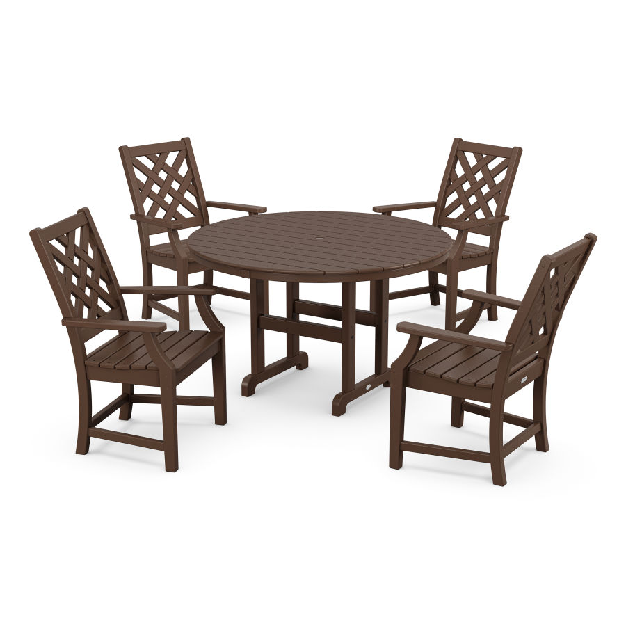 POLYWOOD Wovendale 5-Piece Round Farmhouse Dining Set in Mahogany