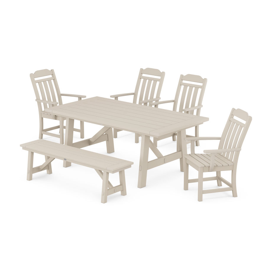POLYWOOD Country Living 6-Piece Rustic Farmhouse Dining Set with Bench in Sand