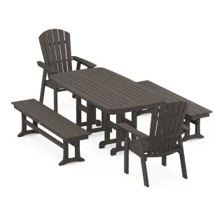 POLYWOOD Nautical Curveback Adirondack 5-Piece Dining Set with Benches in Vintage Finish