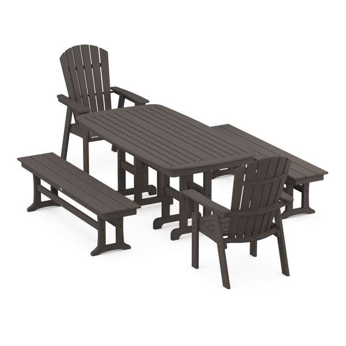 POLYWOOD Nautical Curveback Adirondack 5-Piece Dining Set with Benches in Vintage Finish