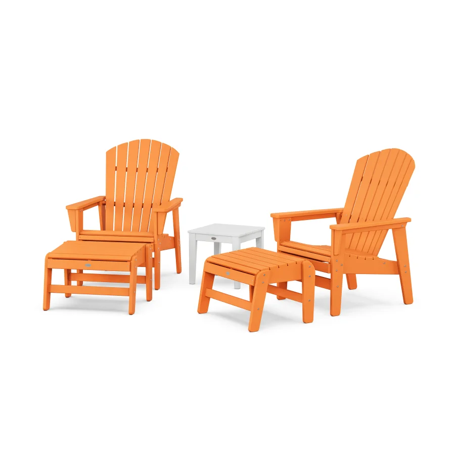 POLYWOOD 5-Piece Nautical Grand Upright Adirondack Set with Ottomans and Side Table in Tangerine / White