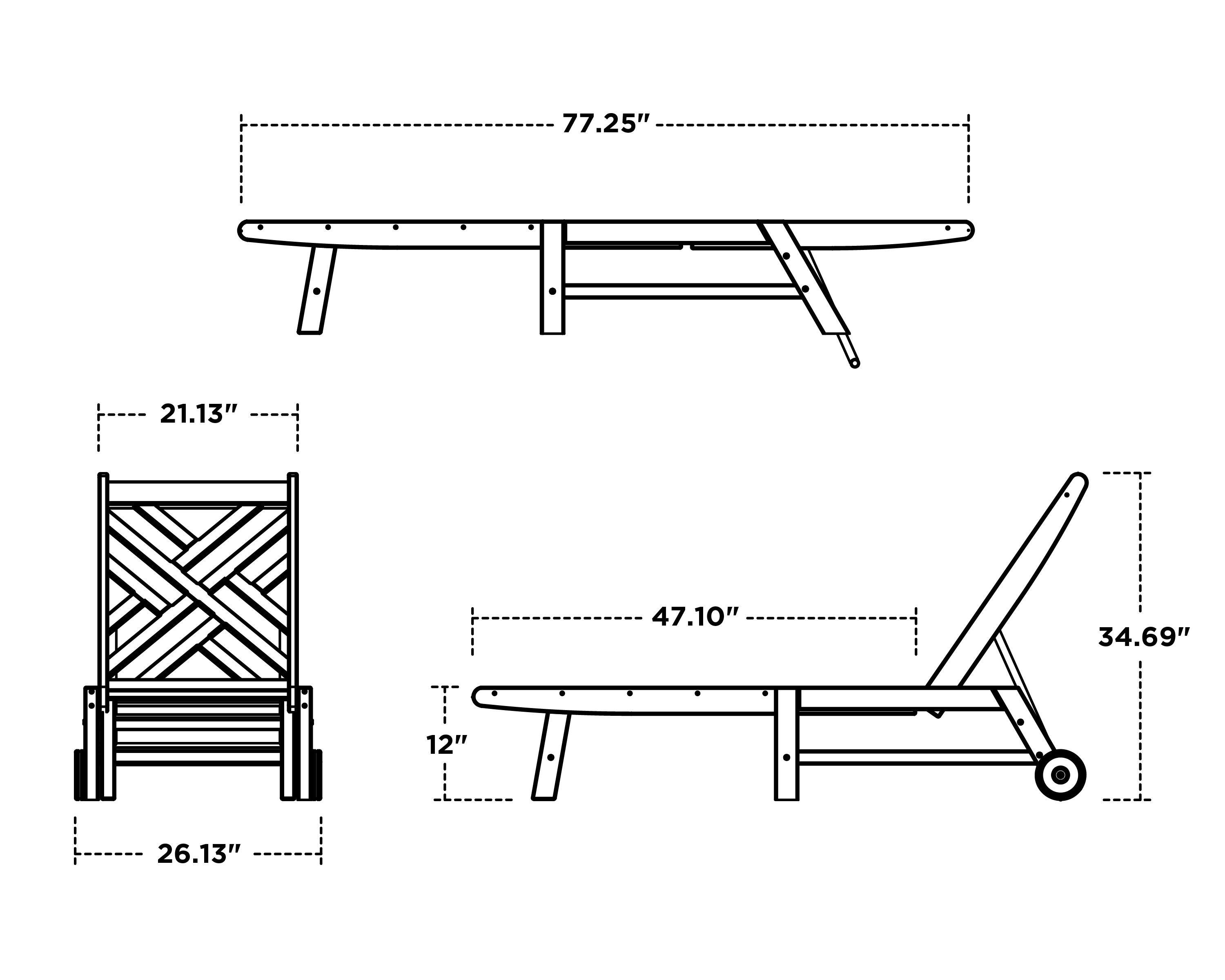 Dimensions for Chippendale Chaise with Wheels