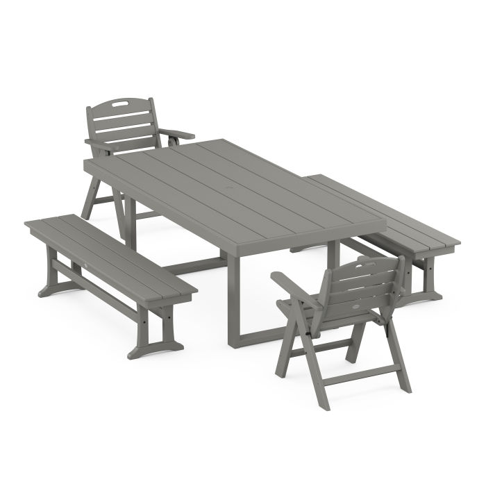 POLYWOOD Nautical Lowback 5-Piece Dining Set with Benches