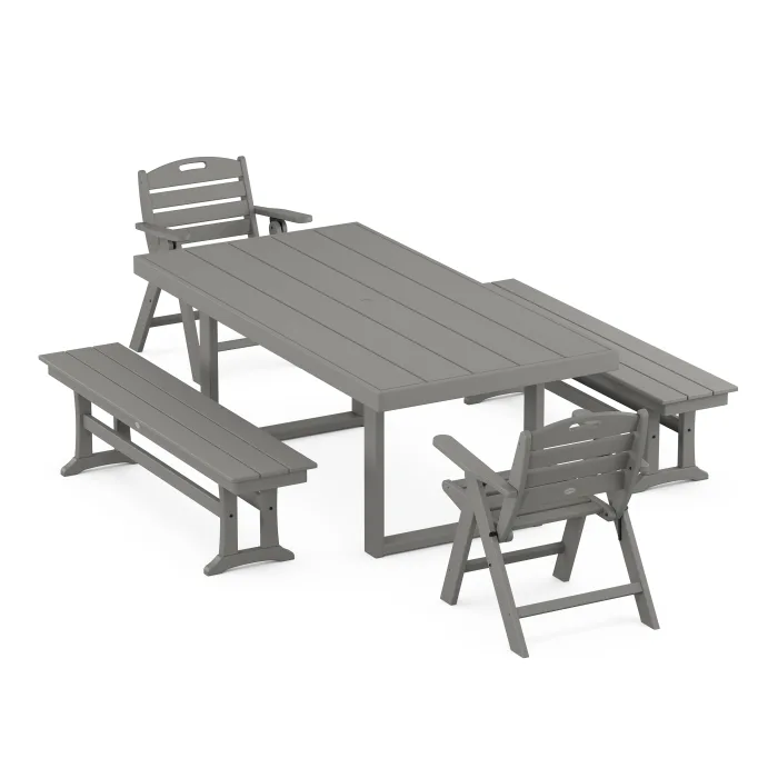 POLYWOOD Nautical Lowback 5-Piece Dining Set with Benches