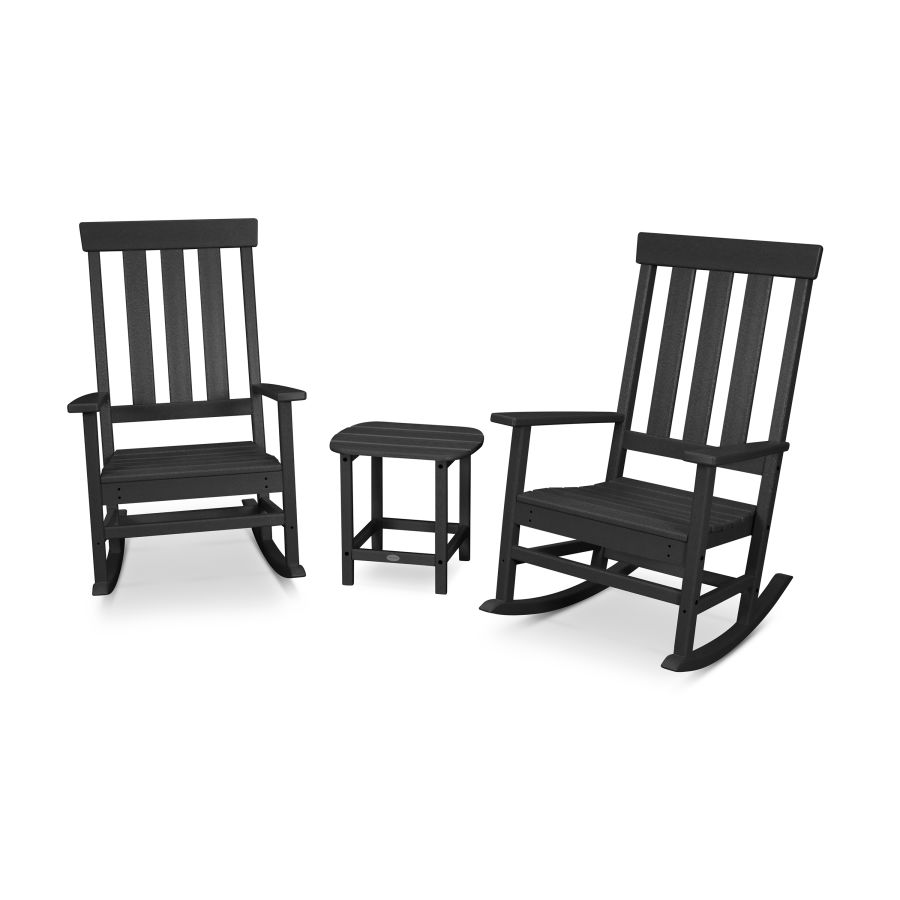 POLYWOOD Portside 3-Piece Porch Rocking Chair Set in Black