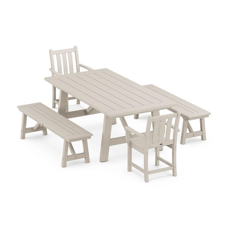 POLYWOOD Traditional Garden 5-Piece Rustic Farmhouse Dining Set With Trestle Legs in Sand