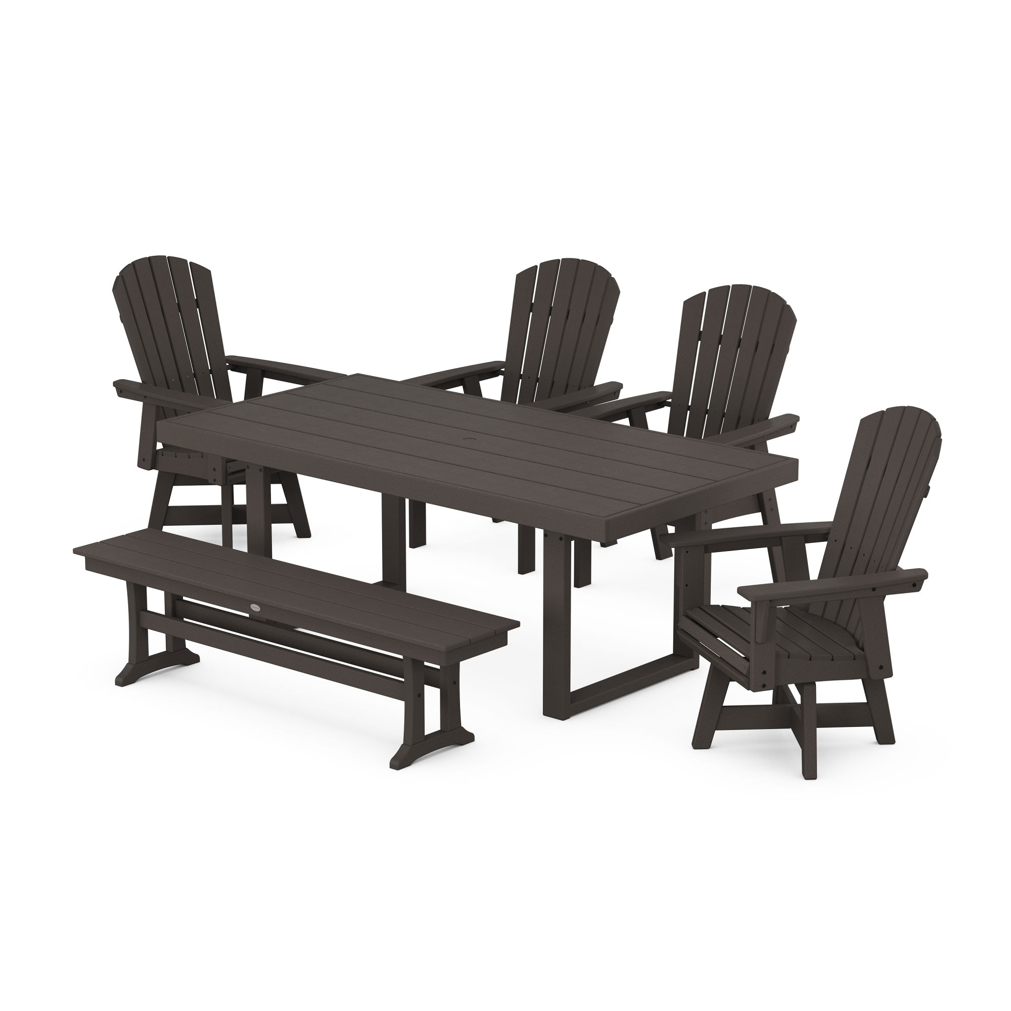 POLYWOOD® Nautical Curveback Adirondack Swivel Chair 6Piece Dining Set with Bench in Vintage