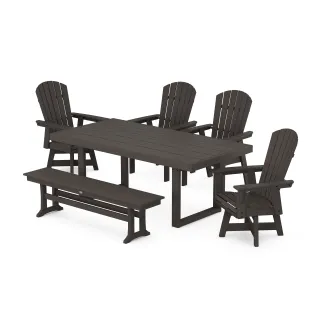 POLYWOOD Nautical Curveback Adirondack Swivel Chair 6-Piece Dining Set with Bench in Vintage Finish