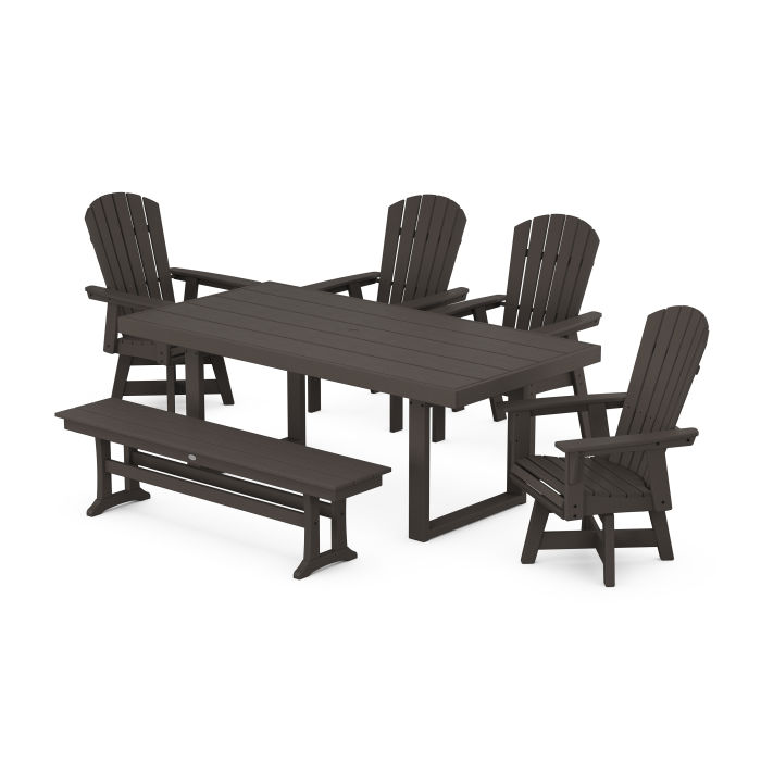 POLYWOOD Nautical Curveback Adirondack Swivel Chair 6-Piece Dining Set with Bench in Vintage Finish