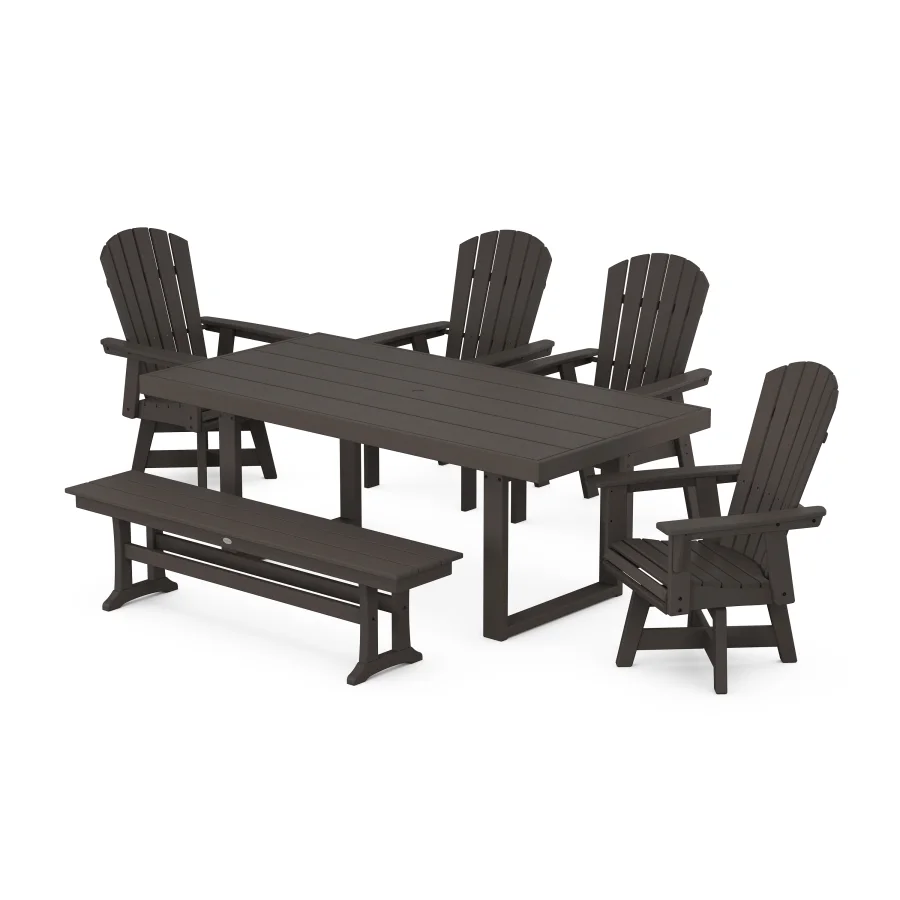 POLYWOOD Nautical Curveback Adirondack Swivel Chair 6-Piece Dining Set with Bench in Vintage Finish