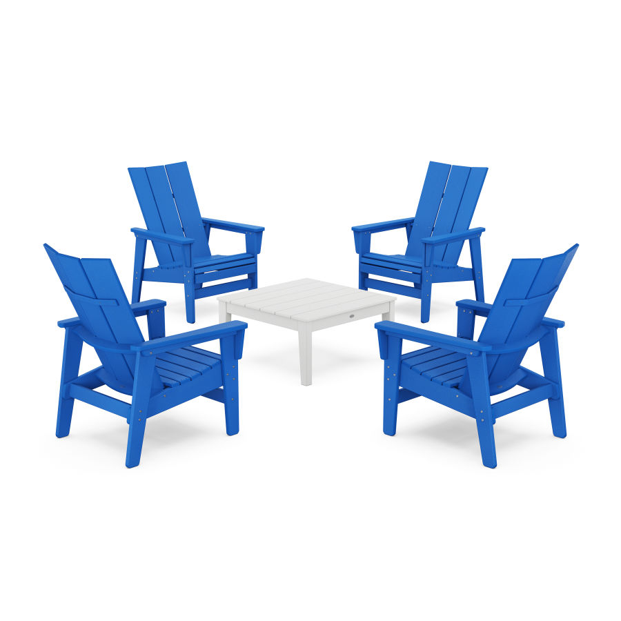 POLYWOOD 5-Piece Modern Grand Upright Adirondack Chair Conversation Group in Pacific Blue / White