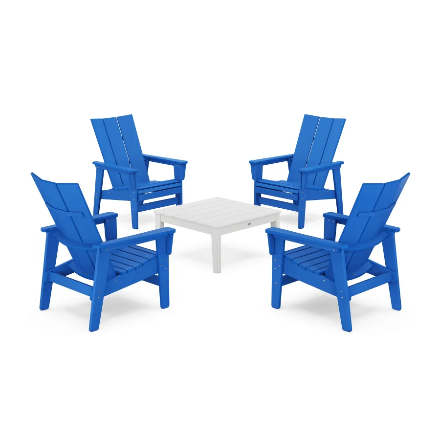 POLYWOOD 5-Piece Modern Grand Upright Adirondack Chair Conversation Group in Pacific Blue / White