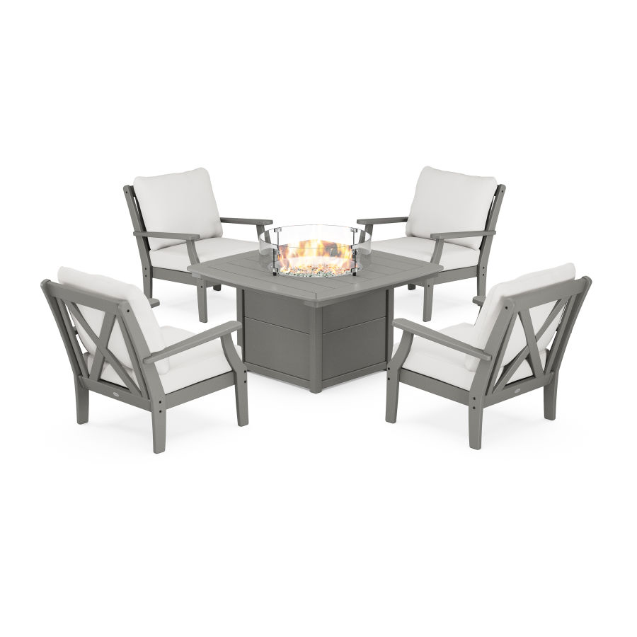 POLYWOOD Braxton 5-Piece Deep Seating Conversation Set with Fire Pit Table in Slate Grey / Natural Linen