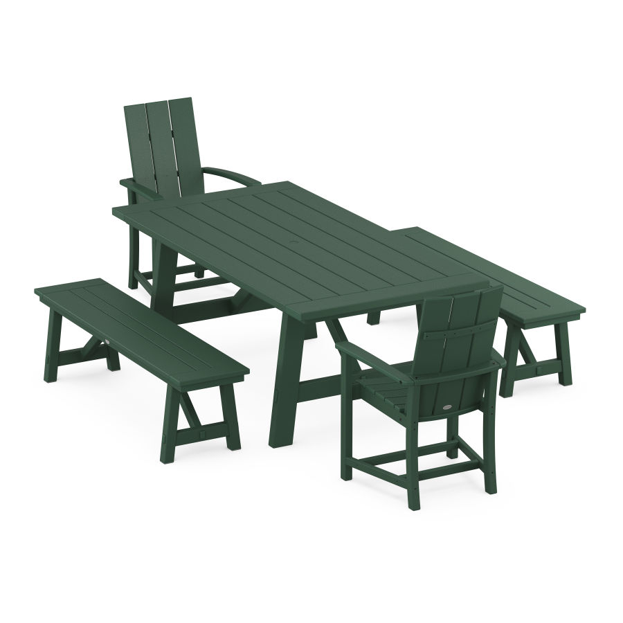 POLYWOOD Modern Adirondack 5-Piece Rustic Farmhouse Dining Set With Trestle Legs in Green