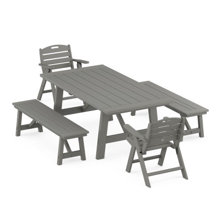 Nautical Lowback Chair 5-Piece Rustic Farmhouse Dining Set With Benches