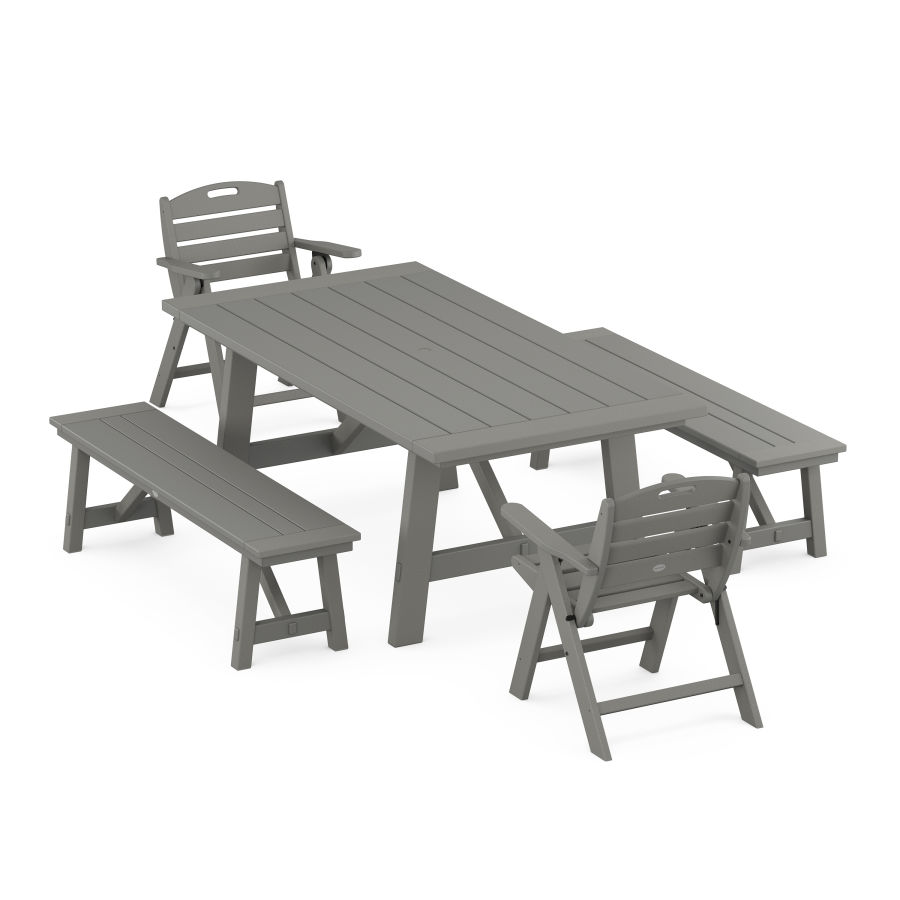POLYWOOD Nautical Folding Lowback Chair 5-Piece Rustic Farmhouse Dining Set With Benches in Slate Grey