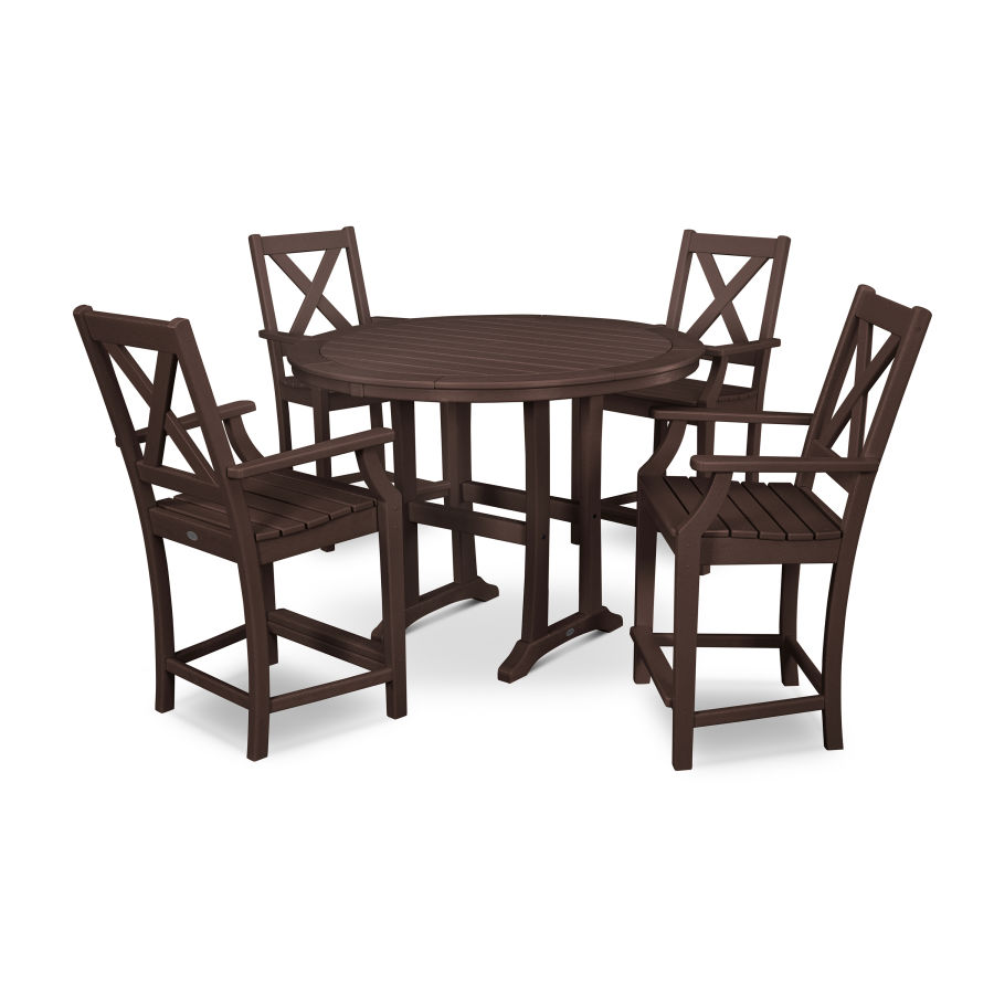 POLYWOOD Braxton 5-Piece Nautical Trestle Arm Chair Counter Set in Mahogany